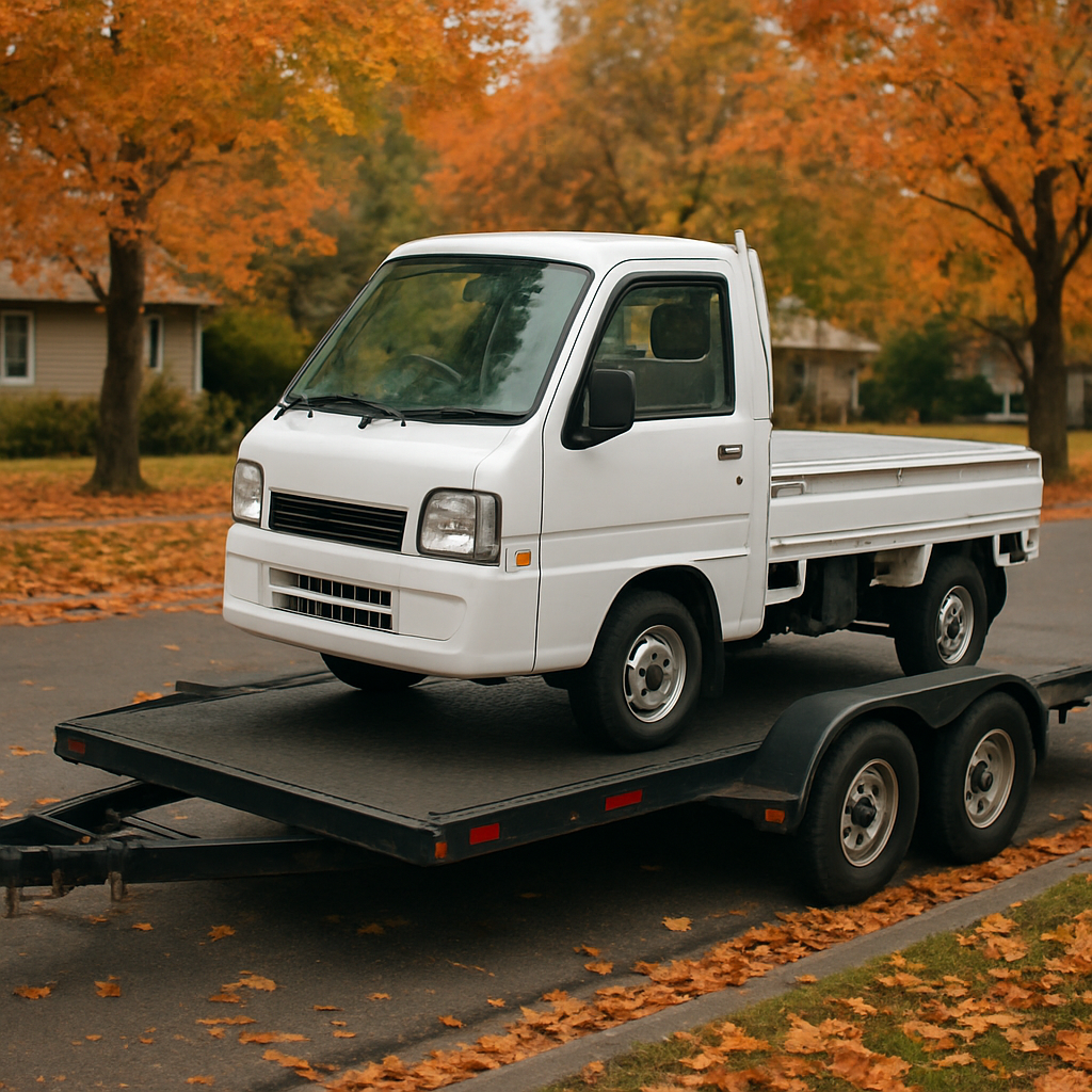 A Kei truck loaded on a flatbed trailer for delivery