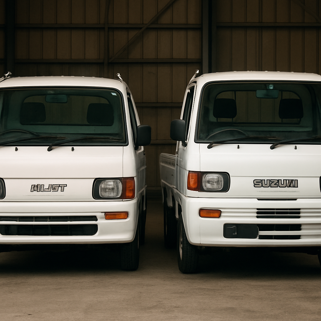 Two white Kei mini trucks parked side by side